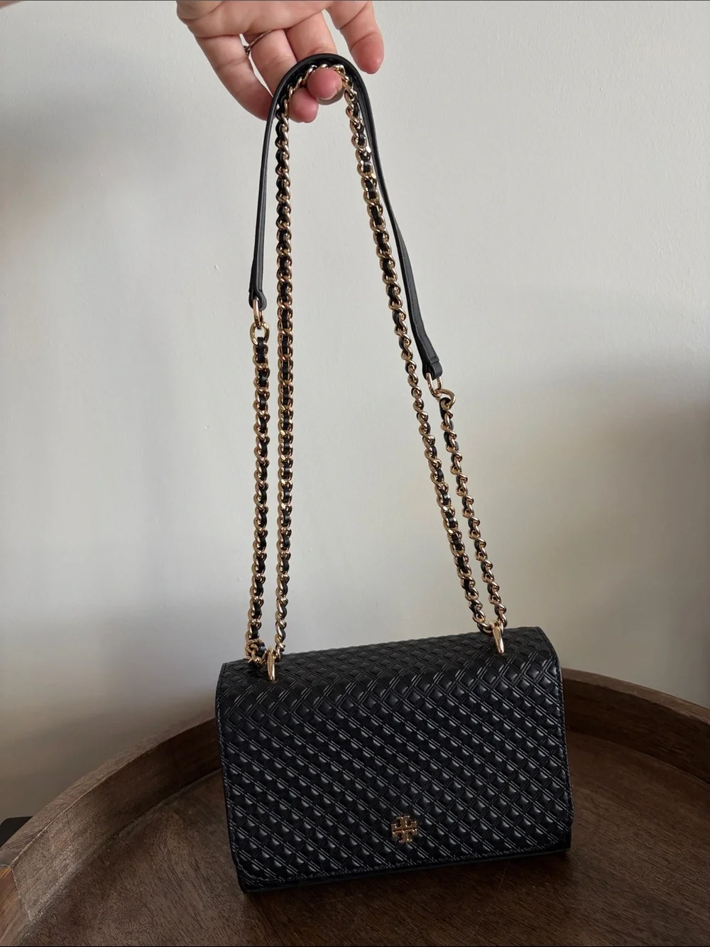 Tory Burch Quilted Black Leather Crossbody Bag with Gold Chain